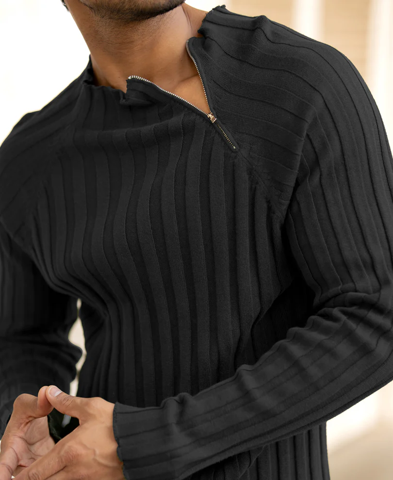 Black High Neck Ribbed T-Shirt - Image 4