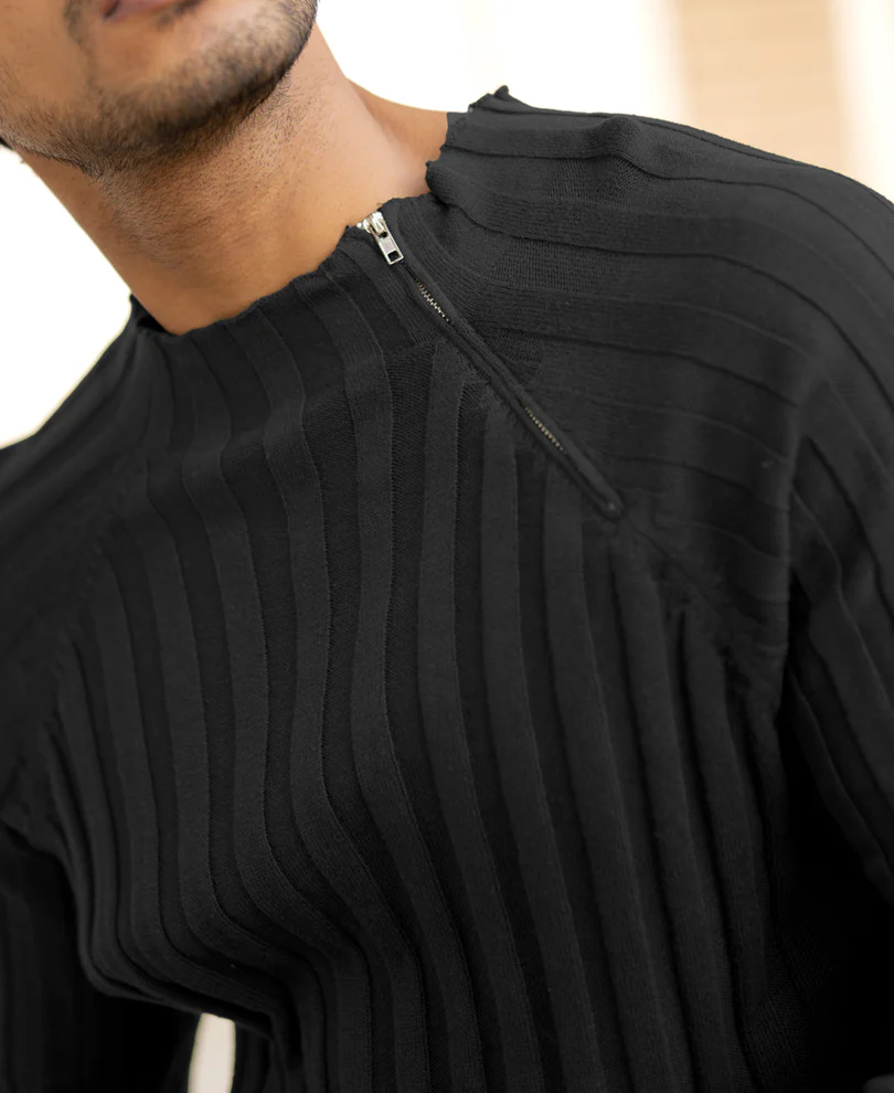 Black High Neck Ribbed T-Shirt - Image 5