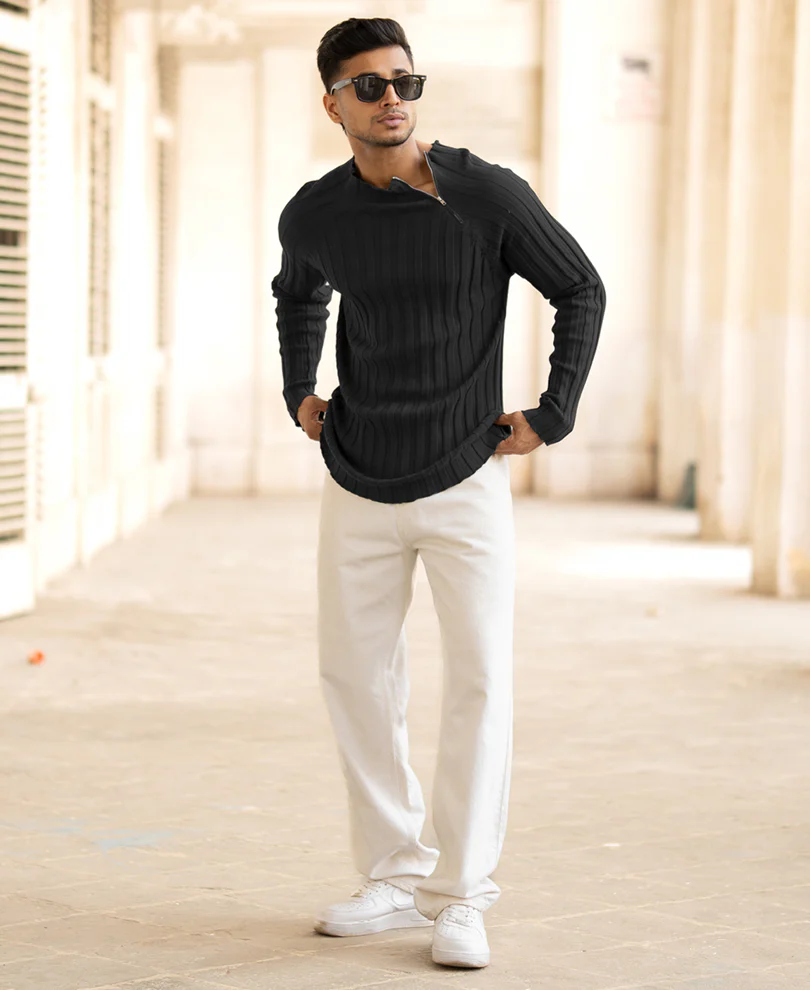 Black High Neck Ribbed T-Shirt - Image 6