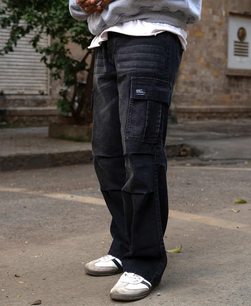 Black Washed Cargo Jeans - Image 3