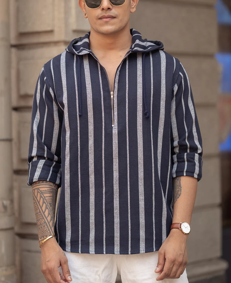 Blue And White Stripes Regular Fit Full Sleeves Hoodie Shirt - Image 2