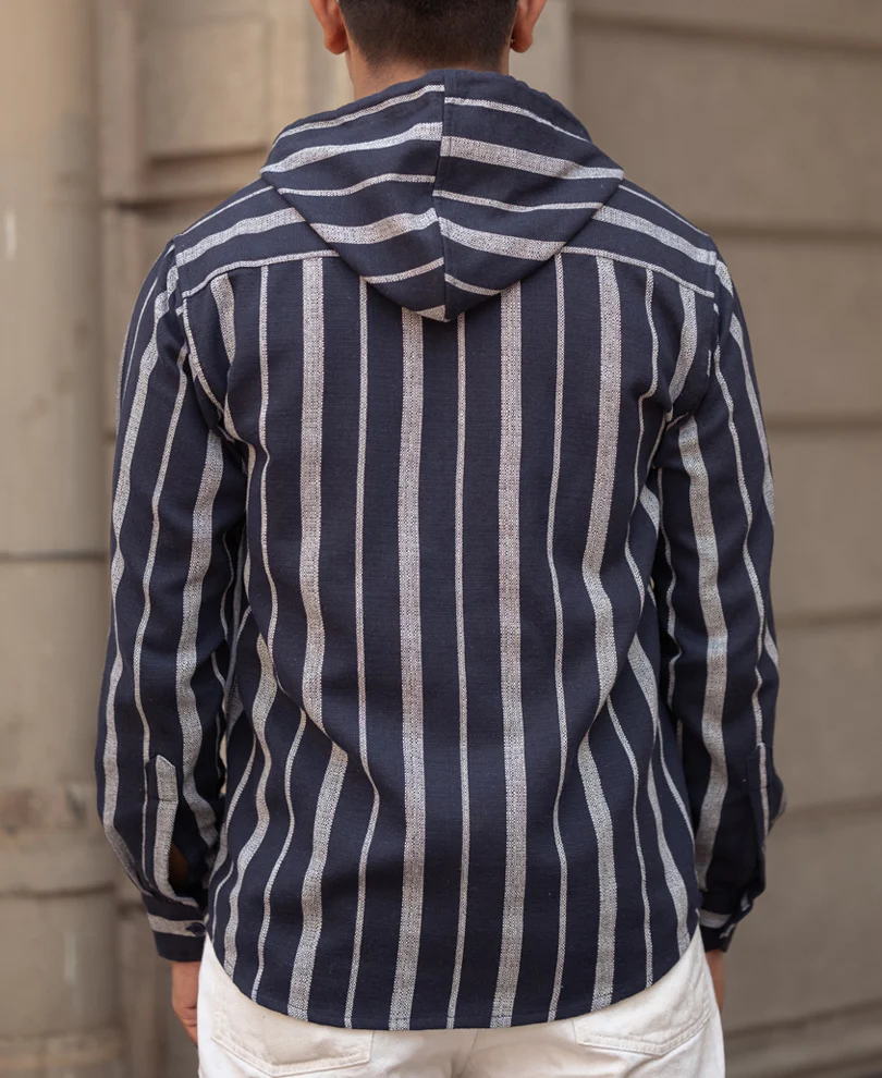 Blue And White Stripes Regular Fit Full Sleeves Hoodie Shirt - Image 3