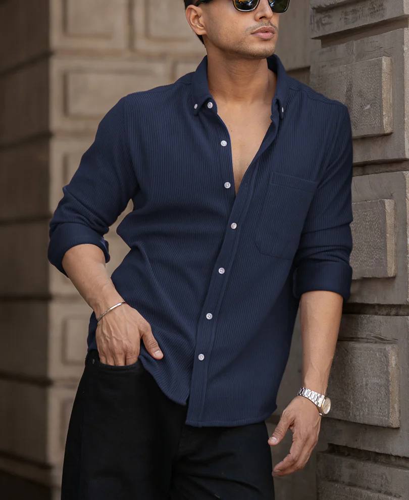Blue Corduroy Regular Fit Full Sleeves Shirt