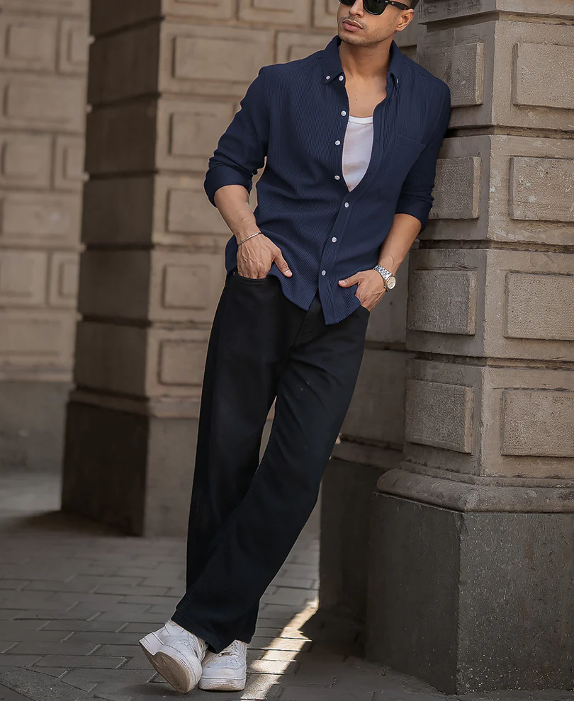 Blue Corduroy Regular Fit Full Sleeves Shirt - Image 6