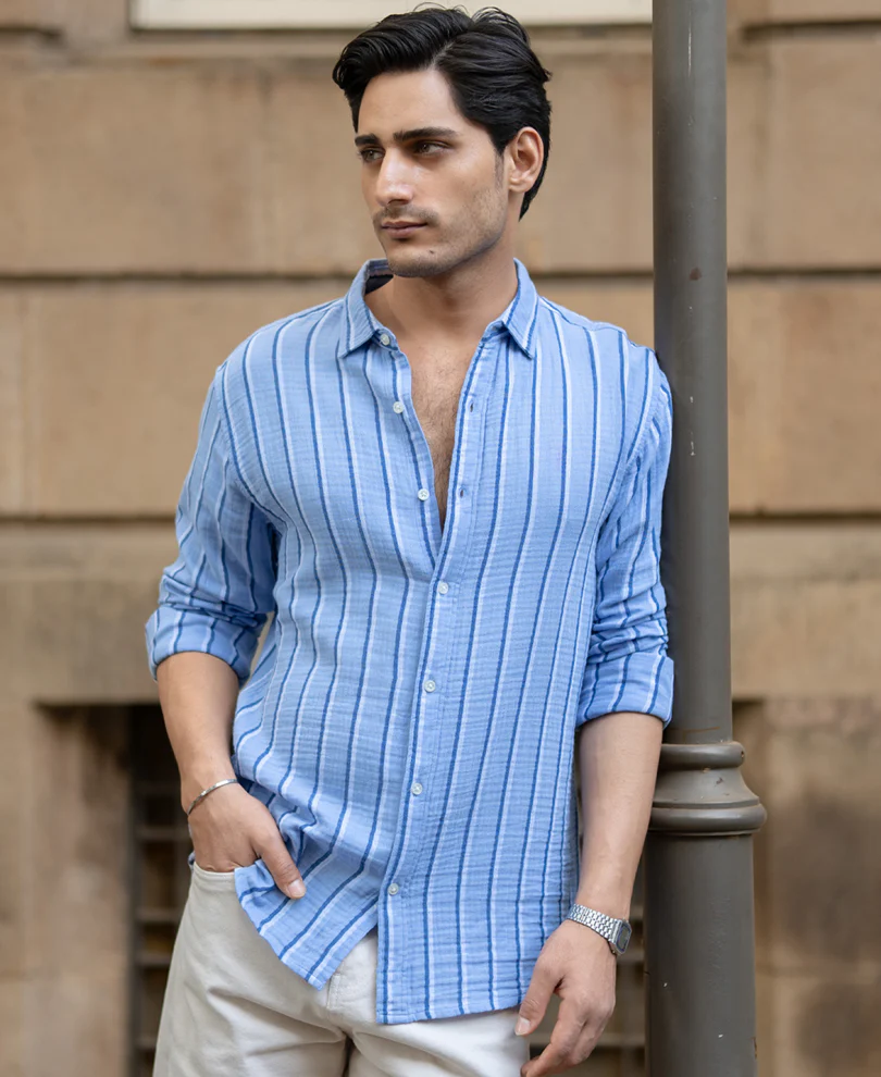 Blue Double Cloth Striped Shirt - Image 3