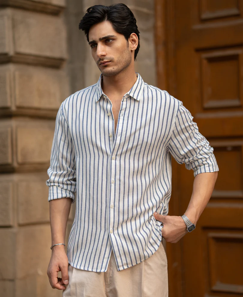 Blue Linen Blend Striped Shirt - Image 2