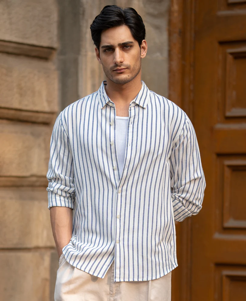 Blue Linen Blend Striped Shirt - Image 3