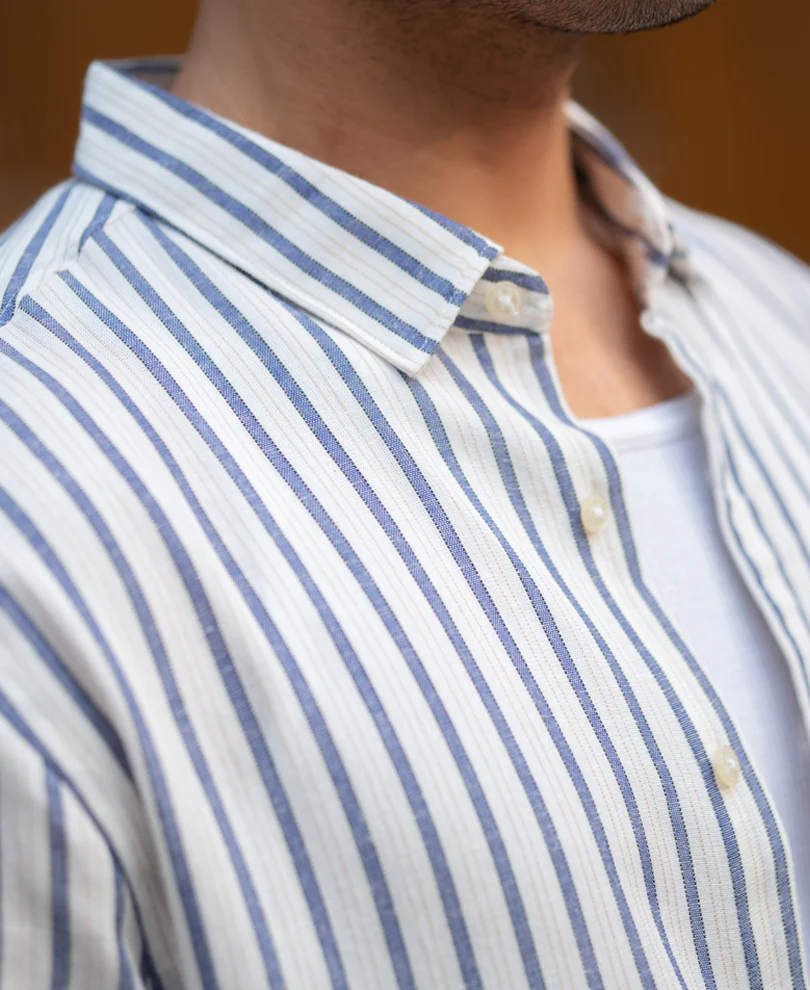 Blue Linen Blend Striped Shirt - Image 4