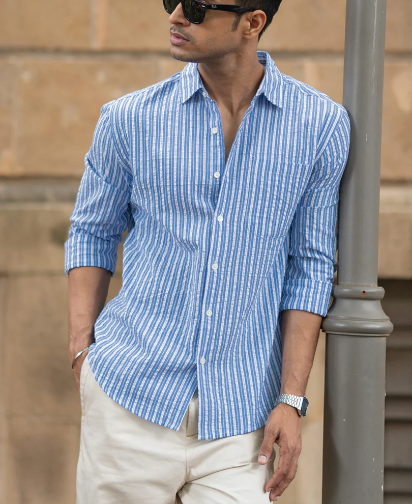 Blue Seersucker Striped Shirt - Image 3