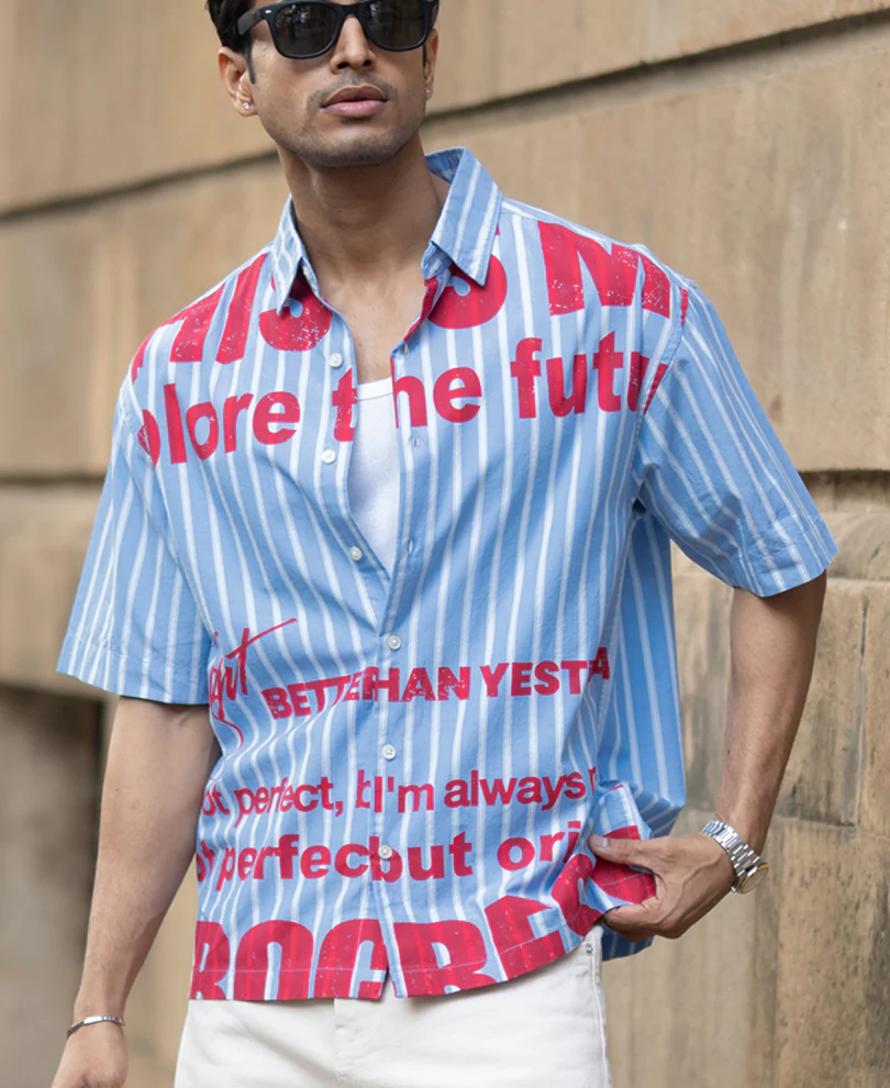 Blue Slogan Print Stripe Shirt - Image 2