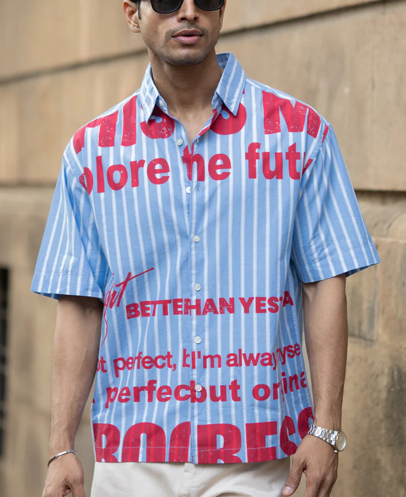 Blue Slogan Print Stripe Shirt - Image 3