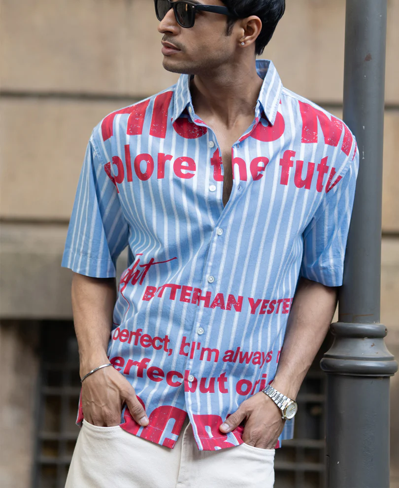 Blue Slogan Print Stripe Shirt - Image 4