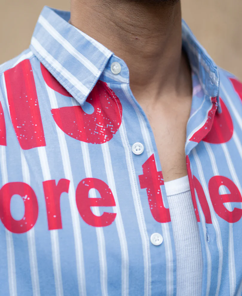 Blue Slogan Print Stripe Shirt - Image 5