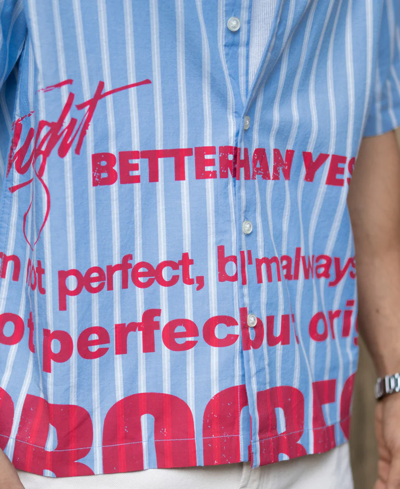 Blue Slogan Print Stripe Shirt - Image 6