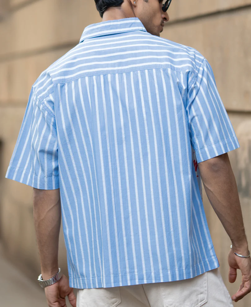 Blue Slogan Print Stripe Shirt - Image 7