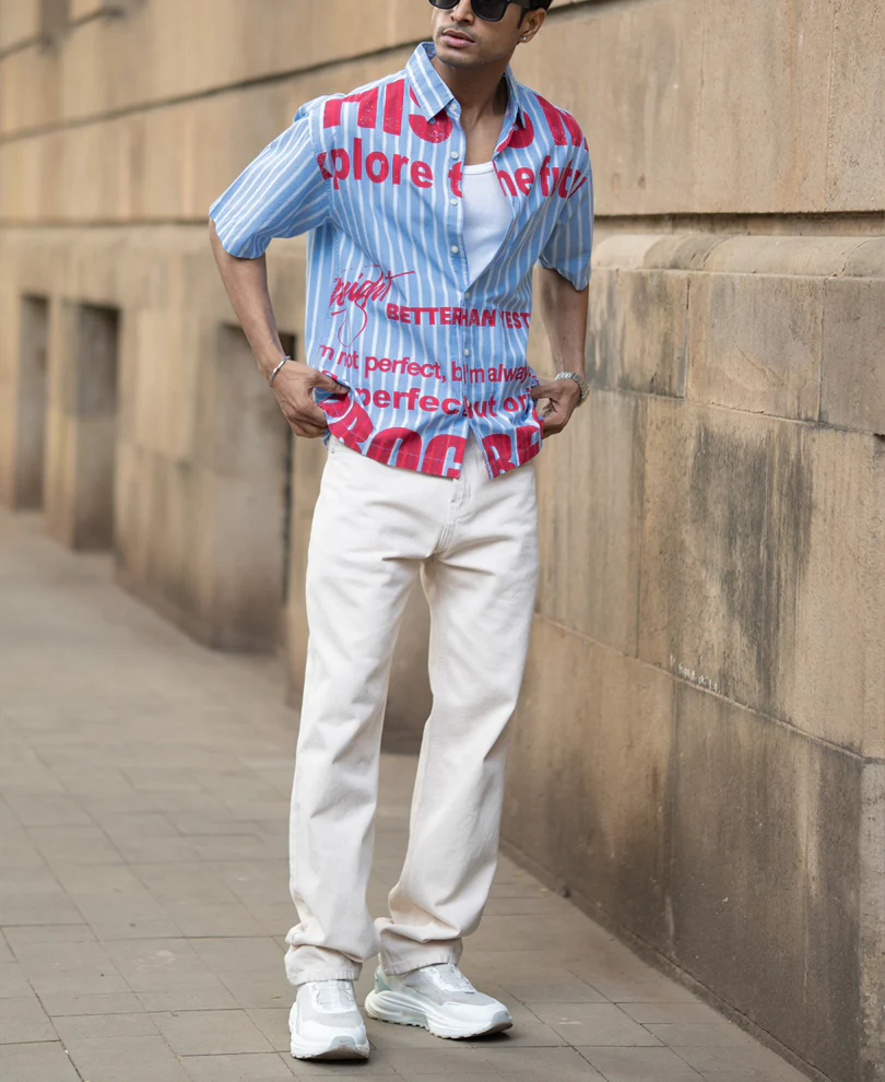 Blue Slogan Print Stripe Shirt - Image 8