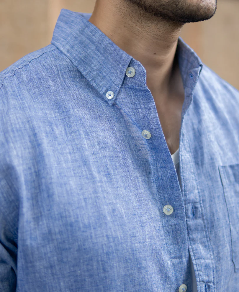 Blue Slub Linen Blend Shirt - Image 3