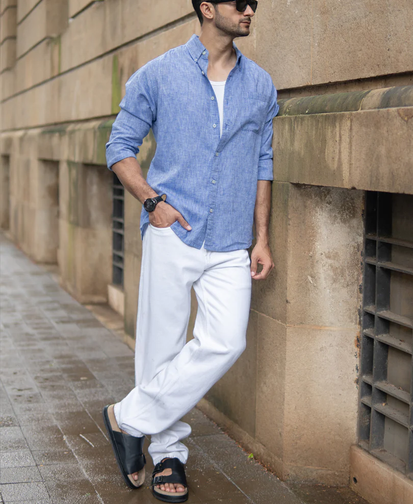 Blue Slub Linen Blend Shirt - Image 6