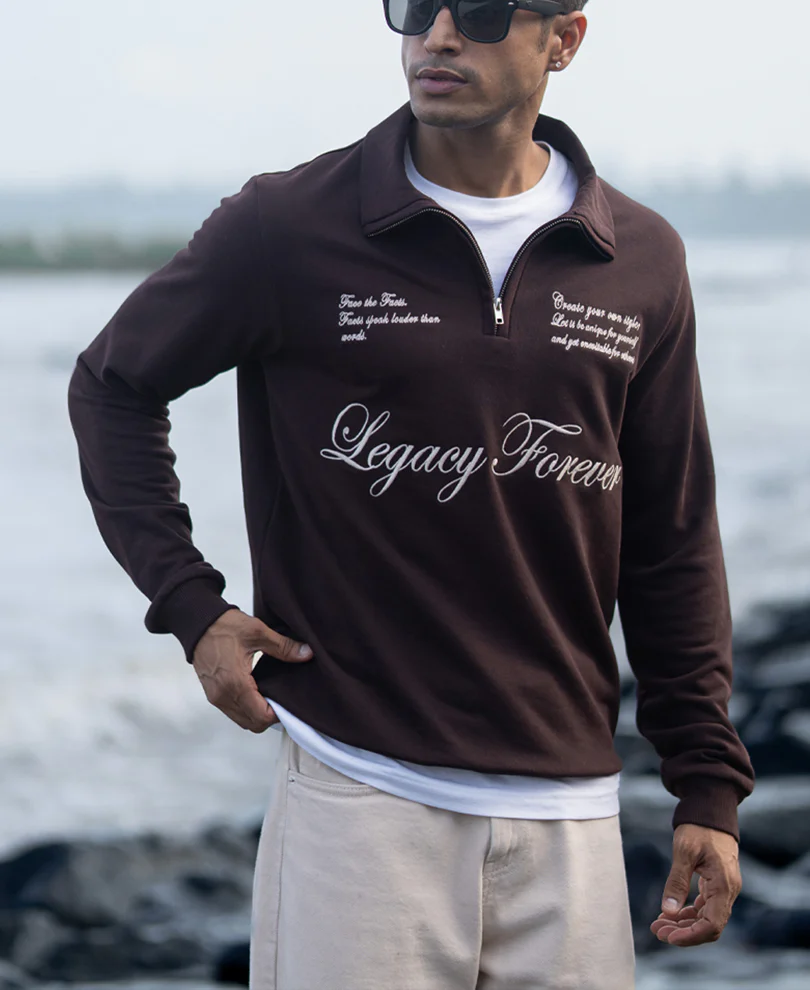 Brown Embroidered Quarter Zip Sweatshirt - Image 2