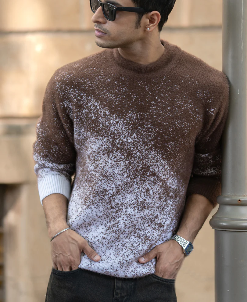 Brown Fuzzy Jacquard Knit Sweater - Image 2