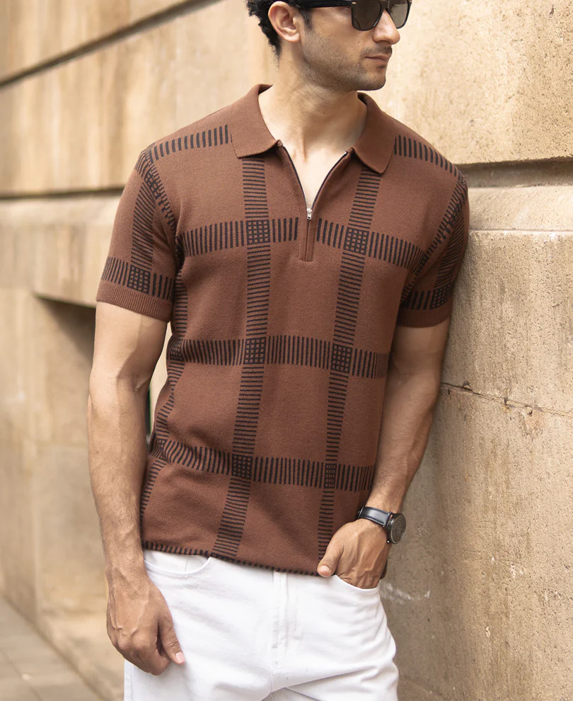 Brown Knitted Polo T-Shirt - Image 3