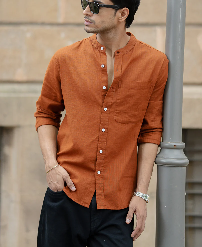 Brown Mandarin Collar Shirt - Image 2
