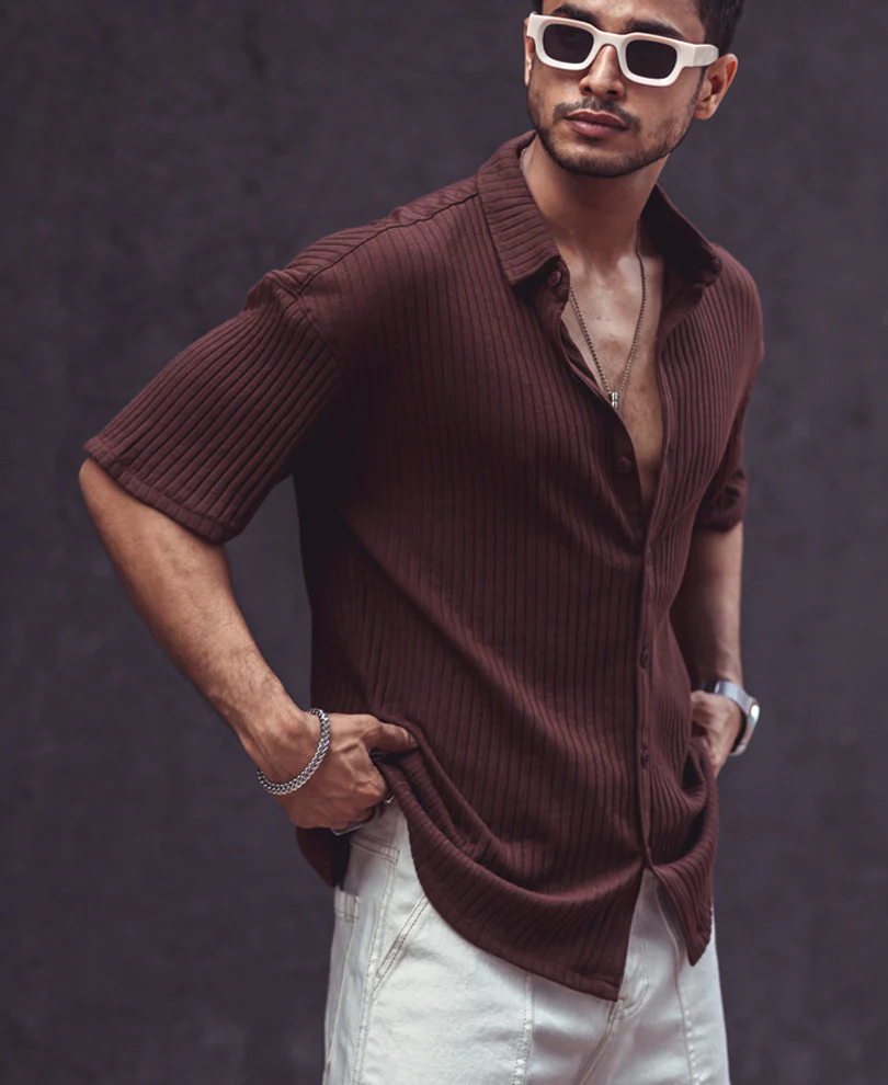 Brown Rib Knit Oversize Drop Shoulder Shirt - Image 2