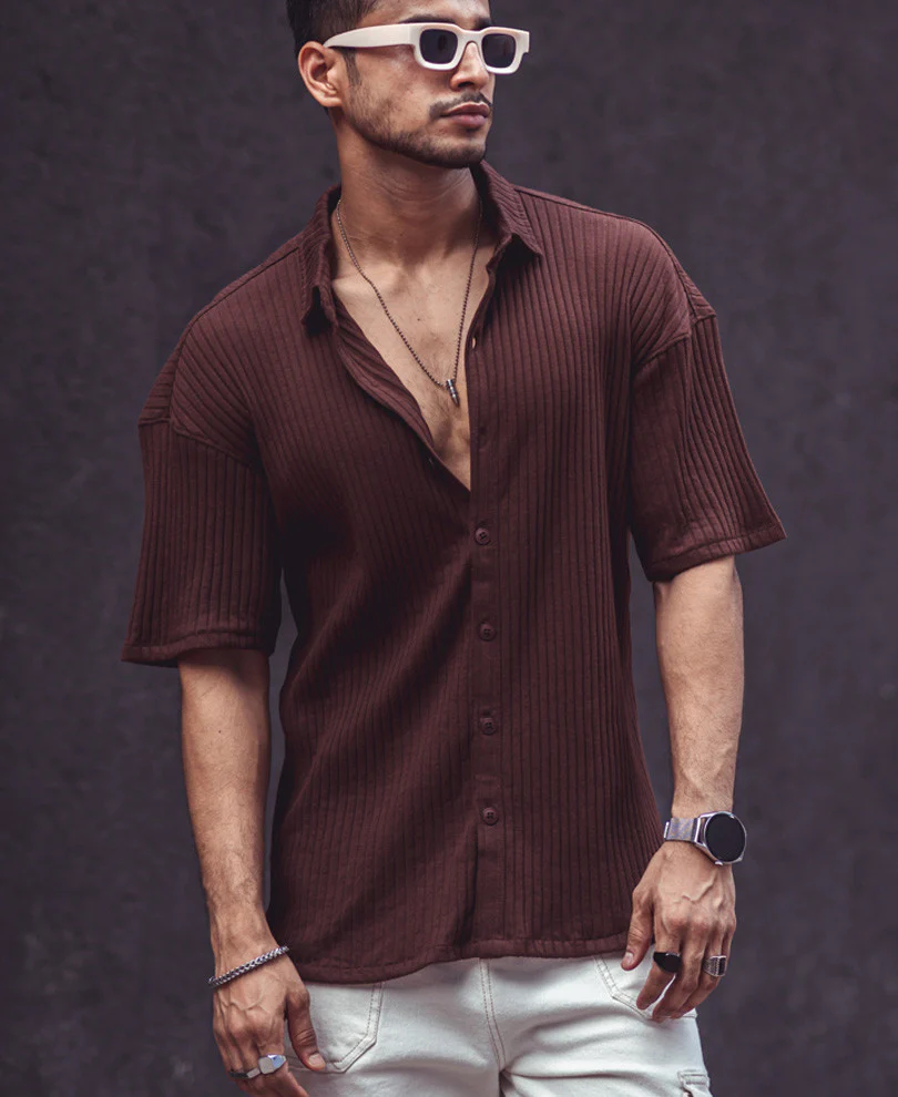 Brown Rib Knit Oversize Drop Shoulder Shirt - Image 3