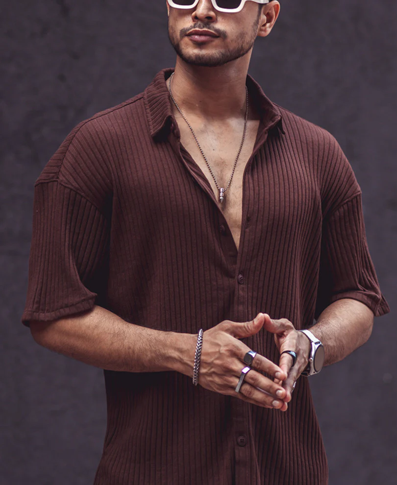 Brown Rib Knit Oversize Drop Shoulder Shirt - Image 4