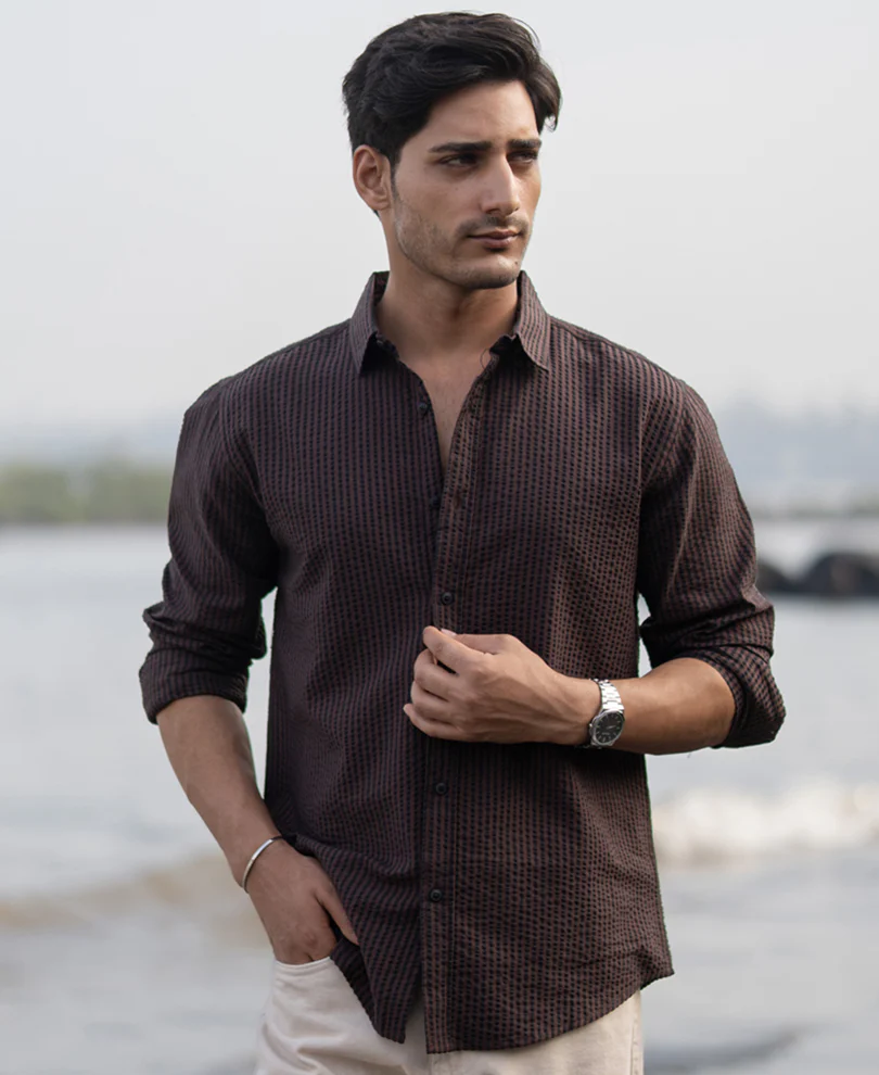 Brown Seer Sucker Stripe Shirt - Image 3
