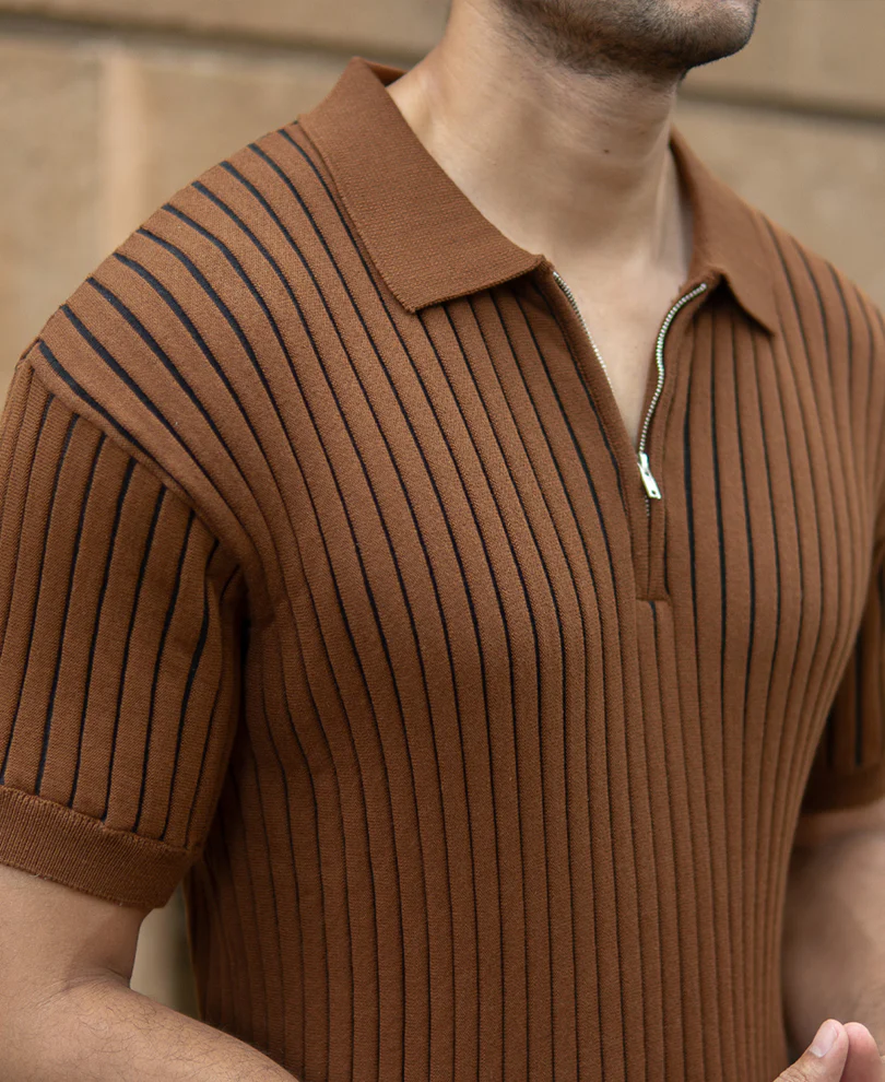 Brown Striped Knit Polo T-Shirt - Image 3