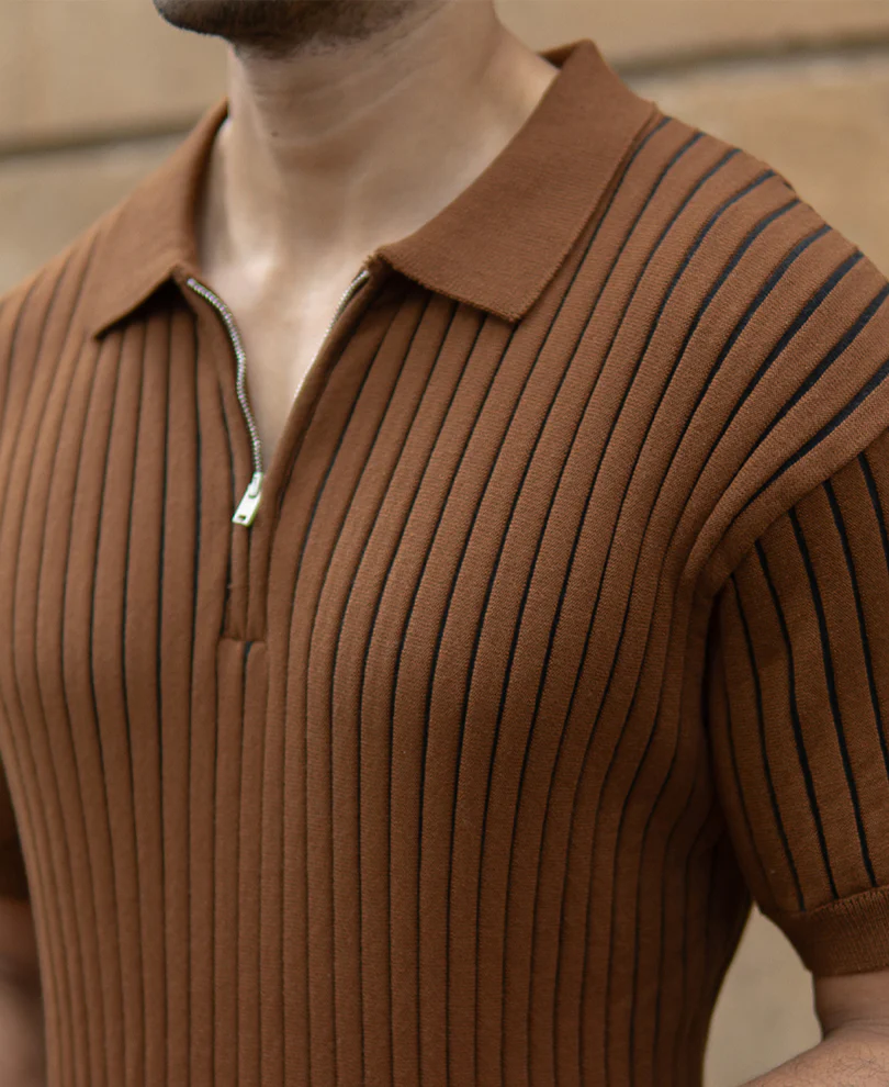 Brown Striped Knit Polo T-Shirt - Image 4