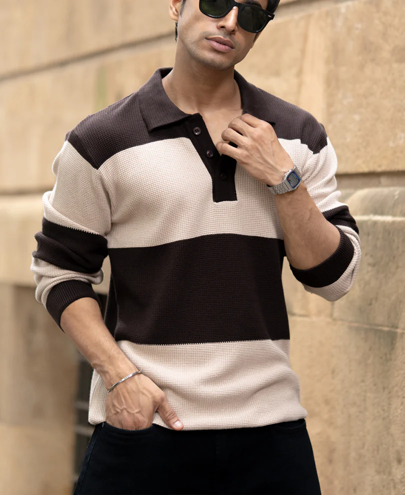 Brown Structured Knit Striped T-Shirt - Image 3