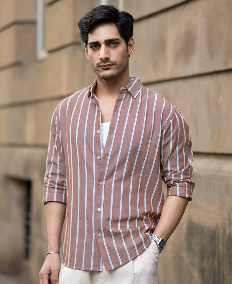 Brown Structured Striped Shirt - Image 2