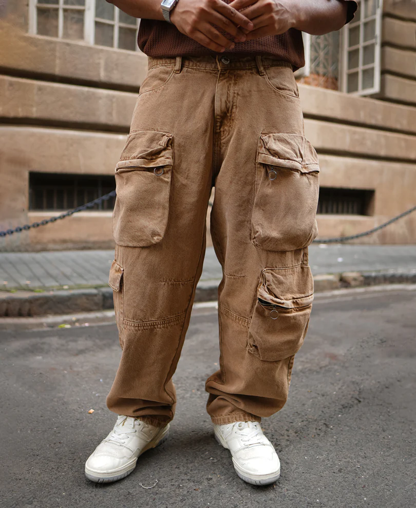 Camel Denim Cargo Baggy Fit Jeans - Image 3