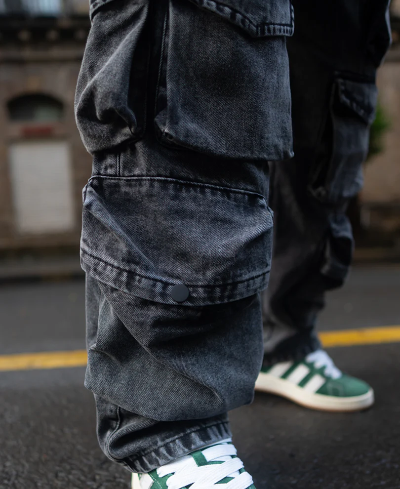 Carbon Black Baggy Fit Cargo Pockets Denim Jeans - Image 5