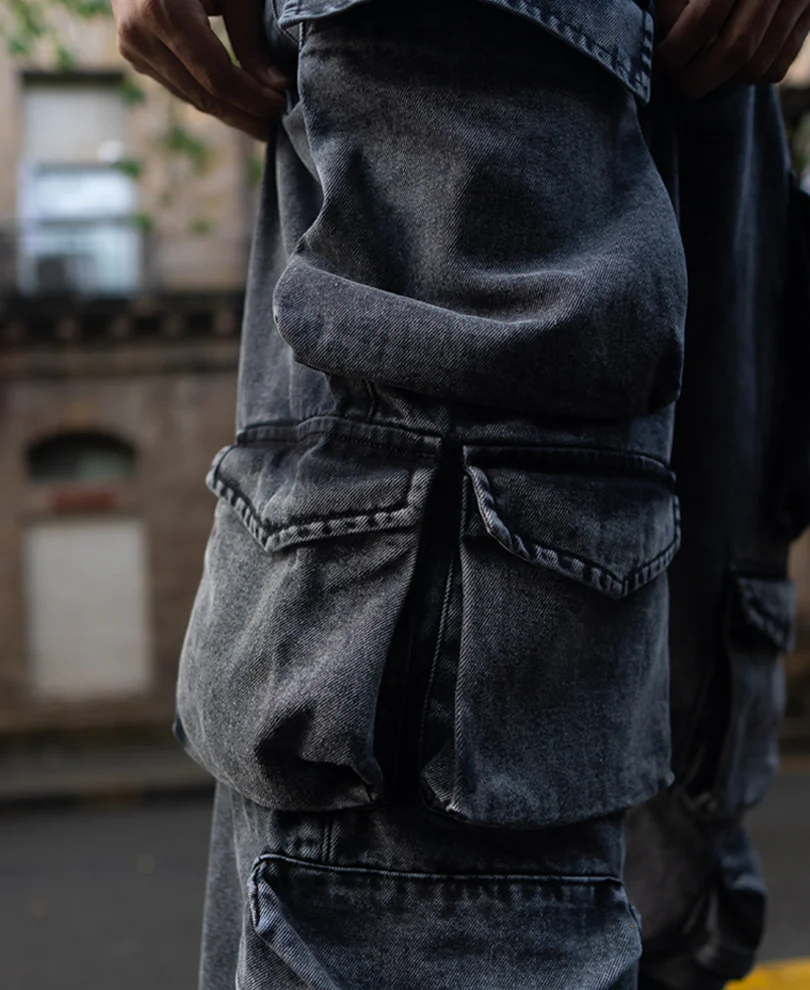Carbon Black Baggy Fit Cargo Pockets Denim Jeans - Image 6