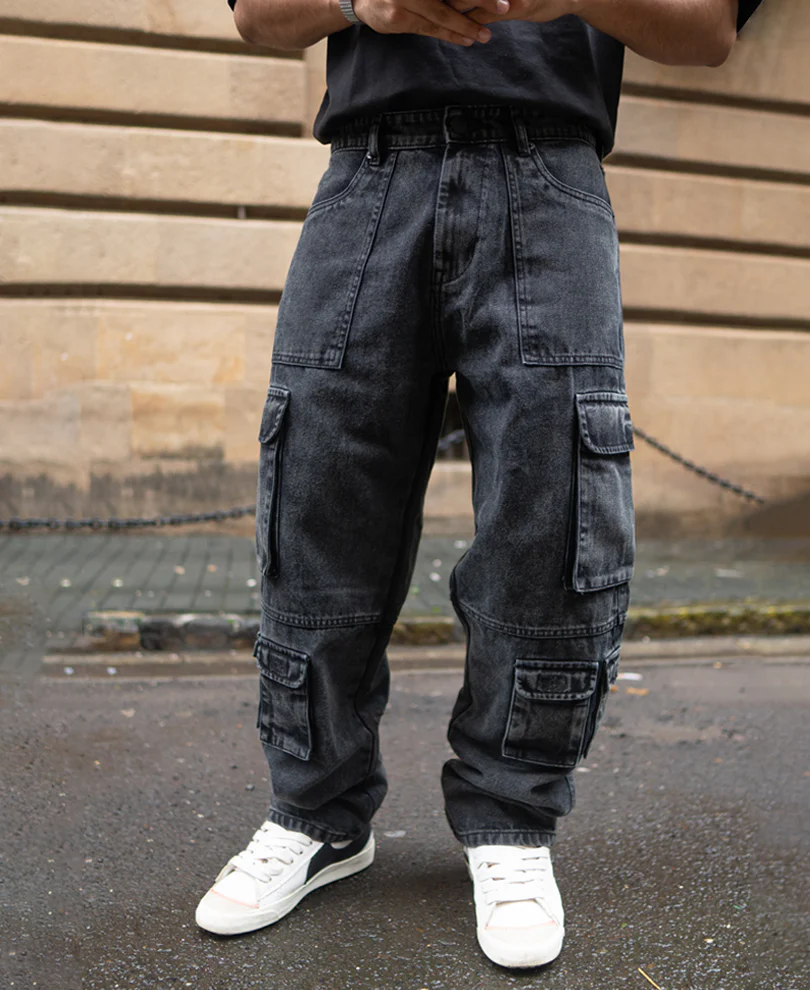 Charcoal Black Multi Pockets Baggy Fit Denim Jeans - Image 2