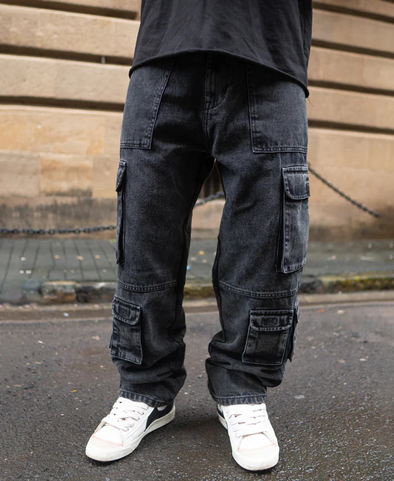 Charcoal Black Multi Pockets Baggy Fit Denim Jeans - Image 3