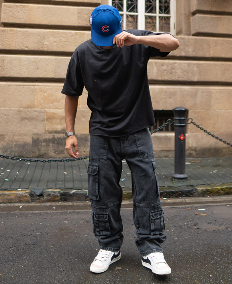 Charcoal Black Multi Pockets Baggy Fit Denim Jeans - Image 6