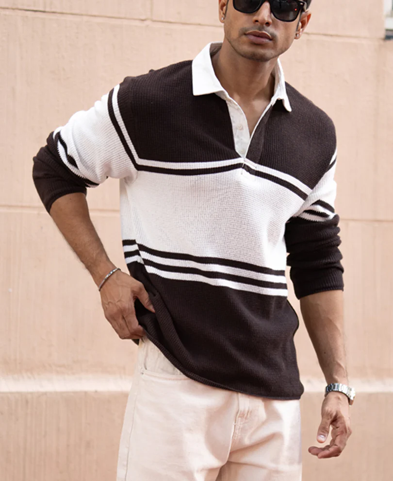 Coffee Brown Structured Stripe Sweatshirt - Image 2