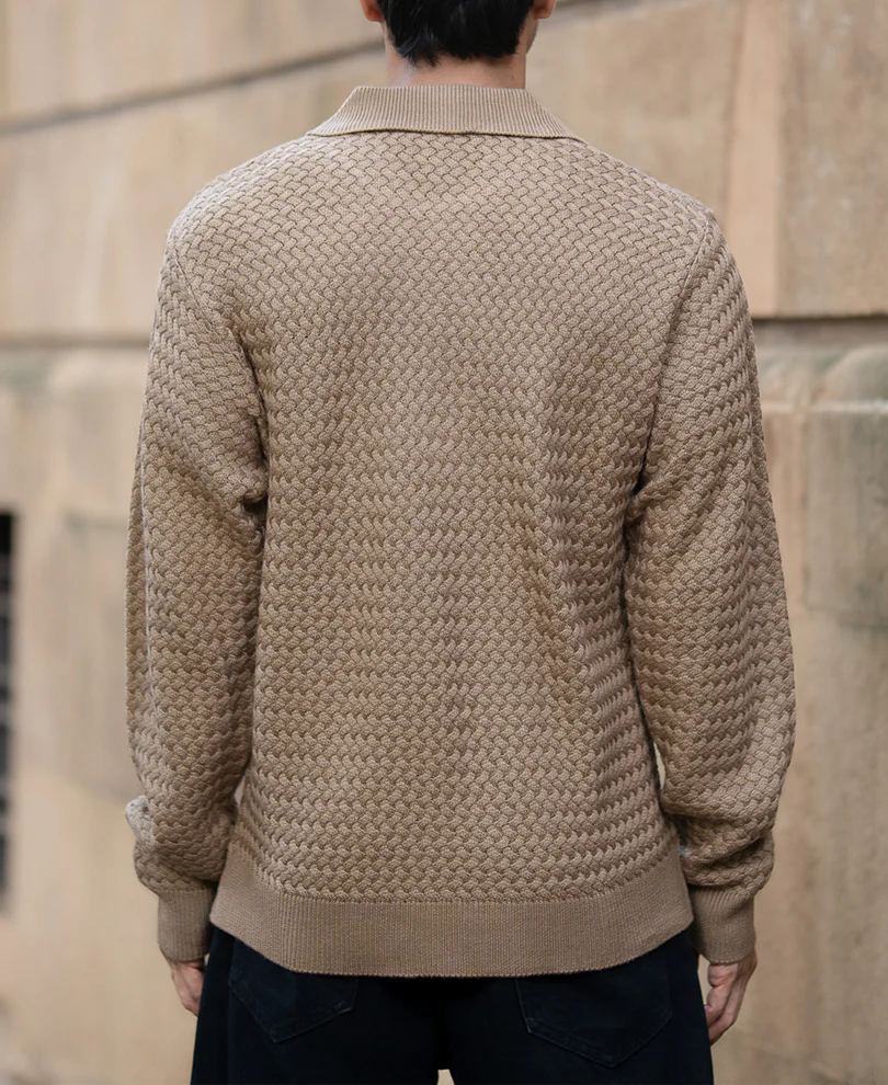 Dark Beige Knit Polo Sweater - Image 5