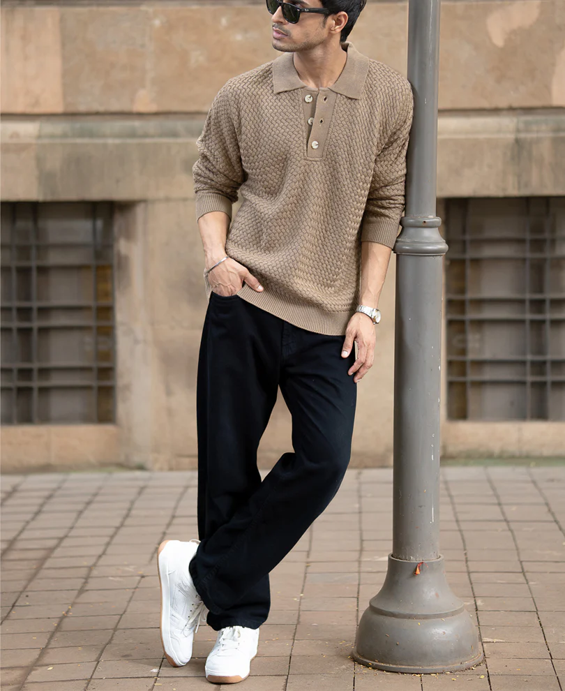 Dark Beige Knit Polo Sweater - Image 6