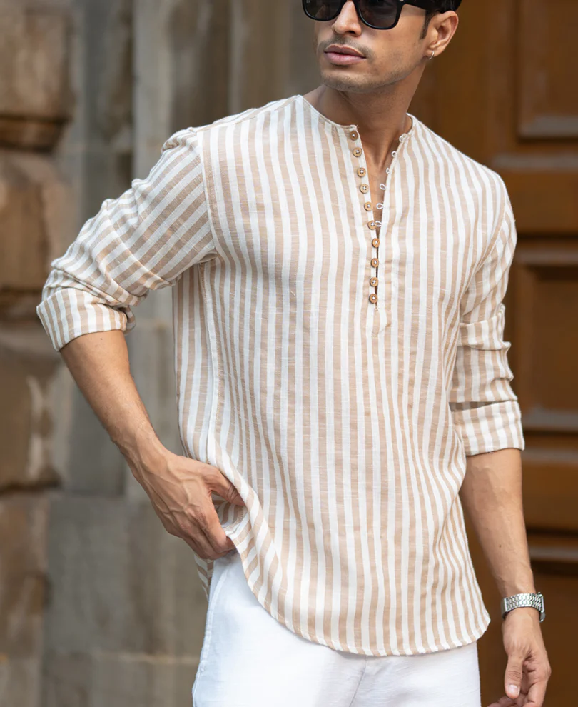 Dark Beige Striped Kurta Shirt - Image 2