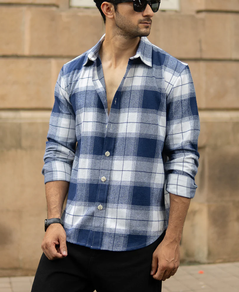 Dark Blue Brushed Checks Shirt - Image 2
