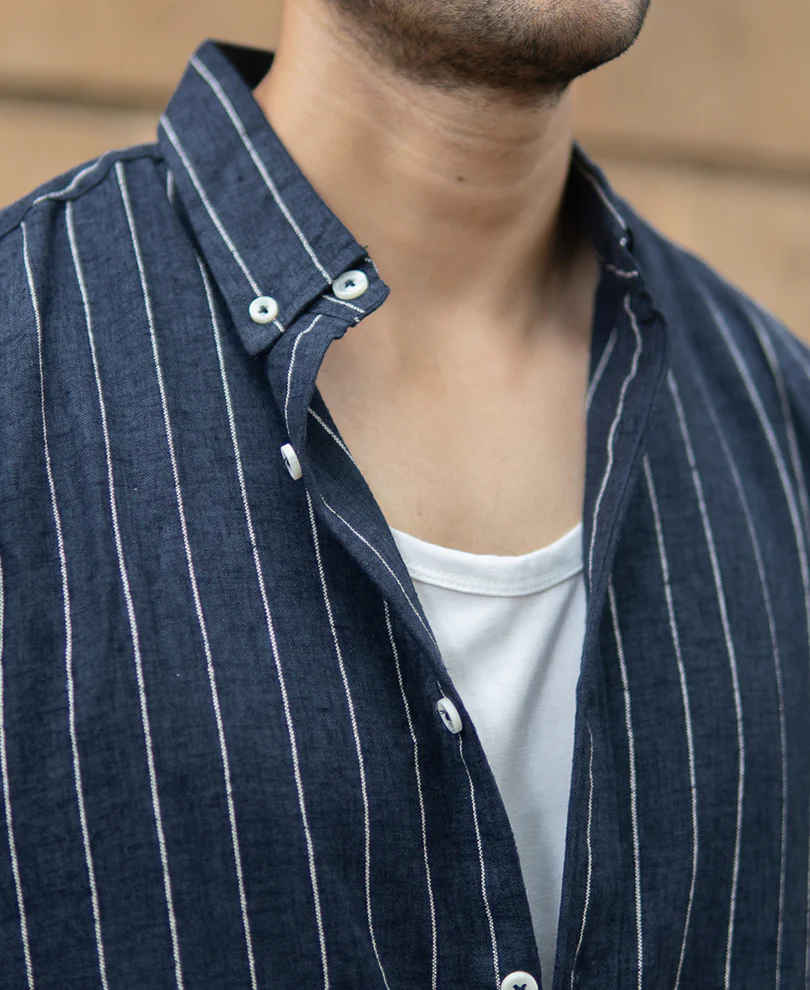 Dark Blue Flowy Striped Shirt - Image 3