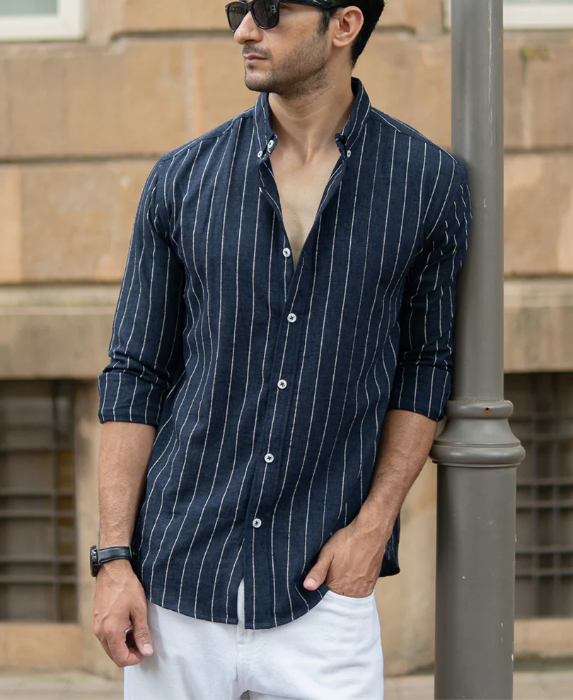 Dark Blue Flowy Striped Shirt - Image 5