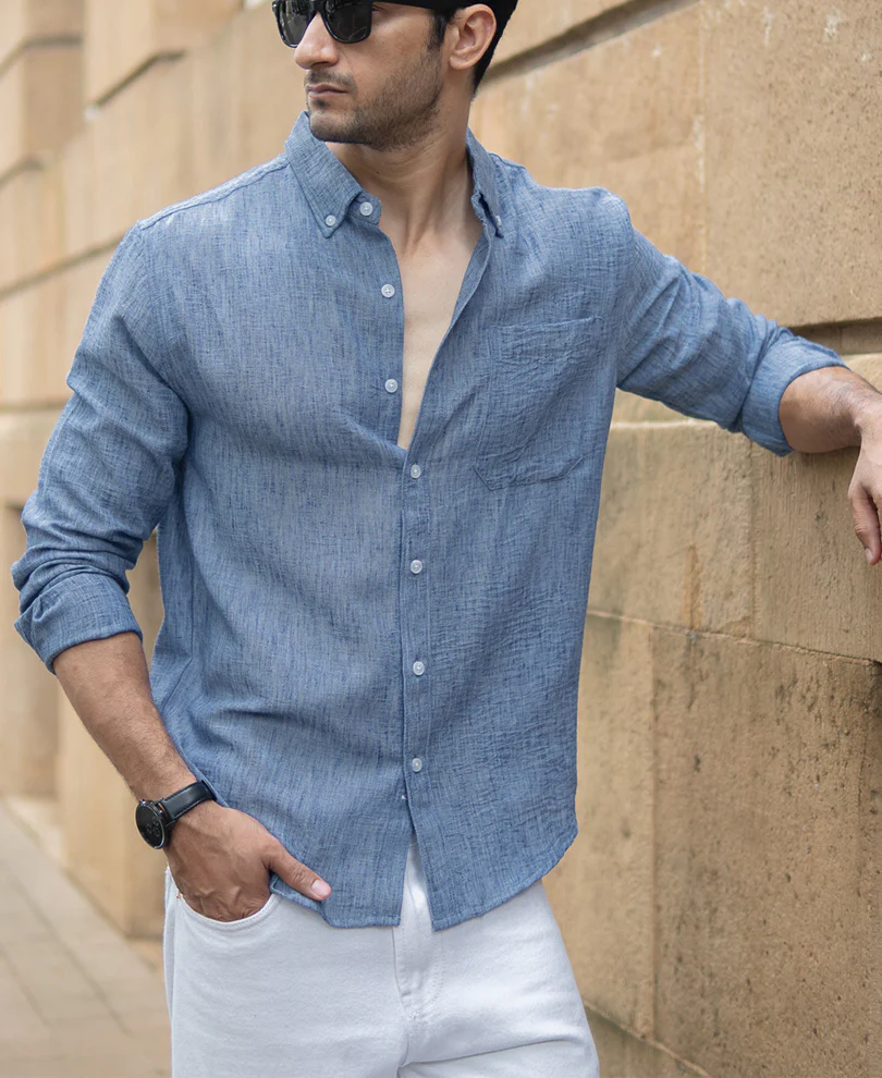 Dark Blue Slub Textured Shirt - Image 3