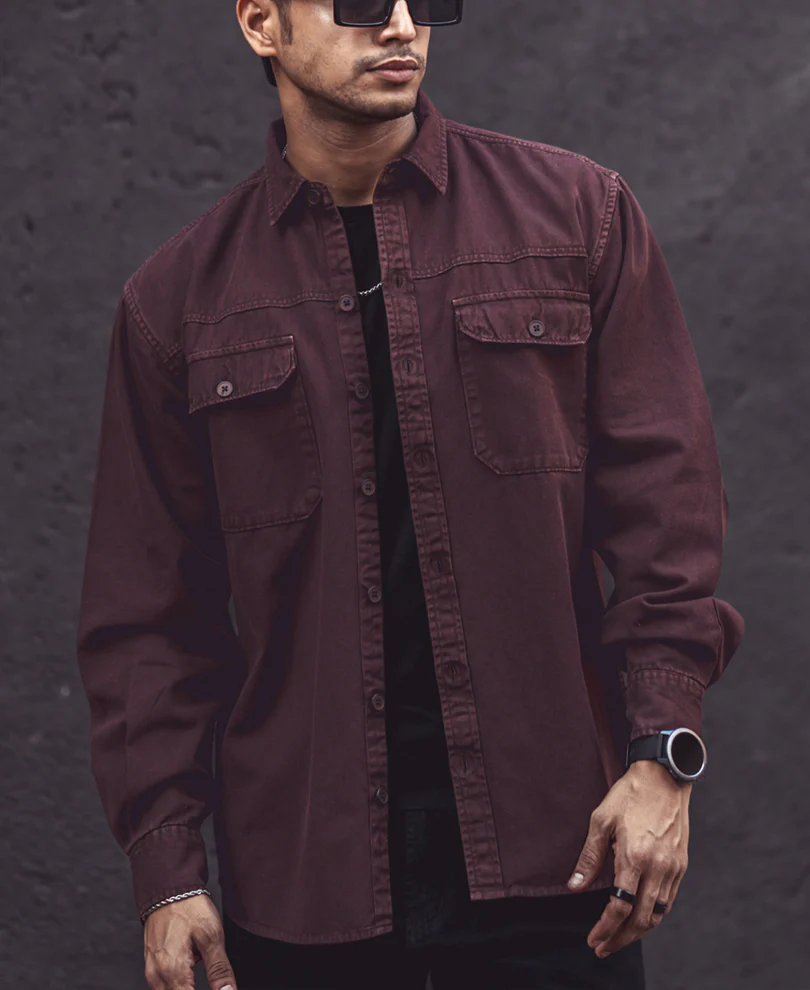Dark Brown Denim Shacket Full Sleeves Shirt - Image 3