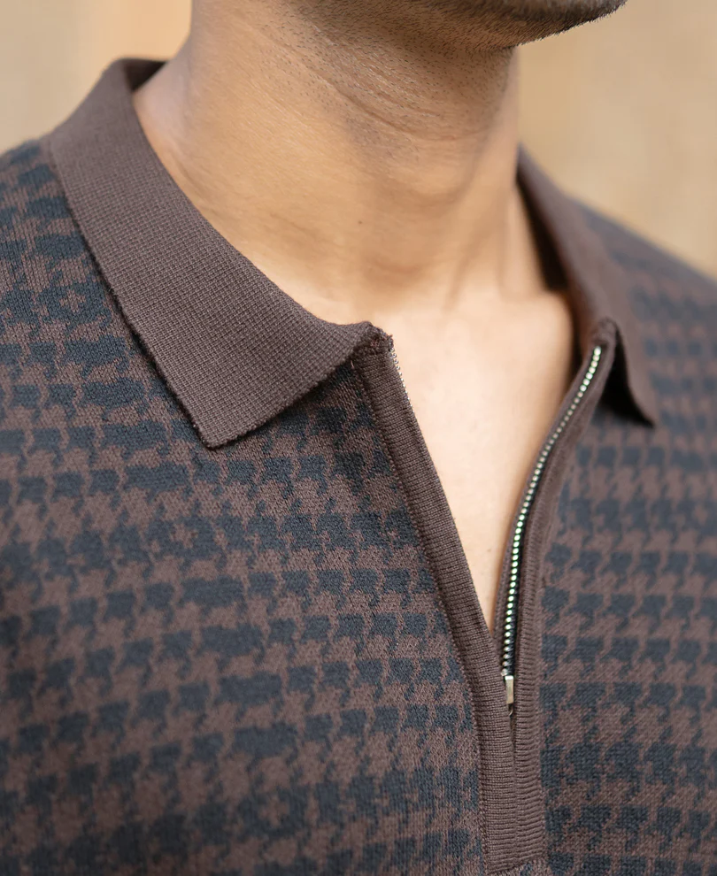 Dark Brown Knitted Houndstooth T-Shirt - Image 3